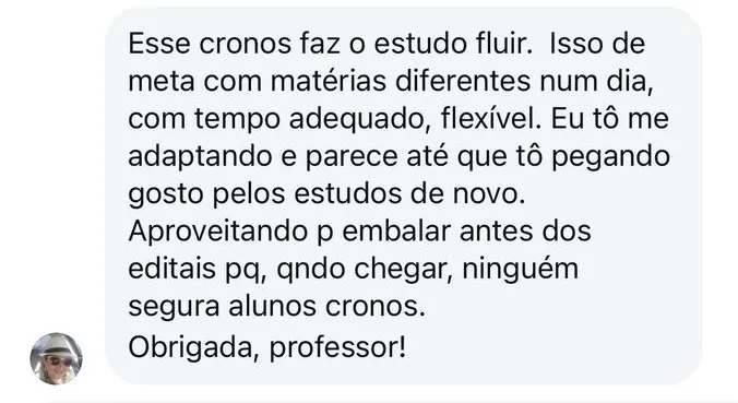 Mensagem de Alessia dizendo que o Cronos faz o estudo fluir