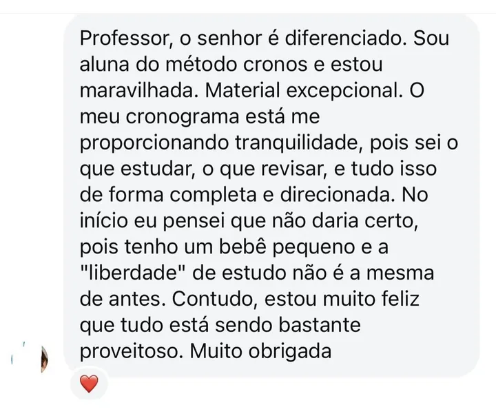 Mensagem de aluna do Método Cronos sobre o cronograma