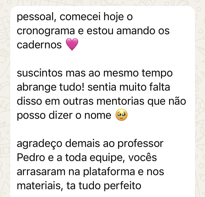 Mensagem de aluno no primeiro dia de cronograma