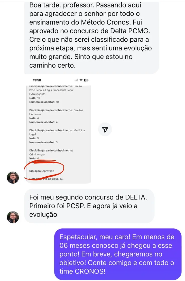 Mensagem de Gabriel com o resultado de aprovado na prova objetiva de Delegado da PCMG