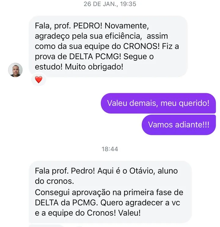 Mensagem de Otávio contando a aprovação na primeira fase de Delegado da PCMG