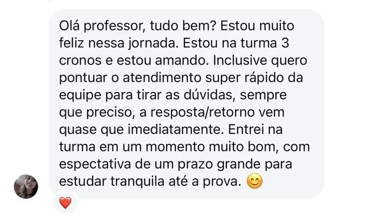 Mensagem de aluna da turma 3 sobre o atendimento da equipe